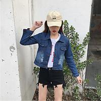 Women\'s Going out Casual/Daily Simple Street chic Spring Denim Jacket, Letter Shirt Collar Long Sleeve Short Others