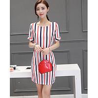 Women\'s Casual/Daily Shift Dress, Striped Round Neck Above Knee Short Sleeve Polyester Summer Mid Rise Inelastic Thin