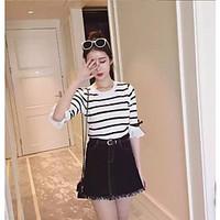 Women\'s Casual/Daily Cute Summer T-shirt Skirt Suits, Plaid Crew Neck Half Sleeve Micro-elastic