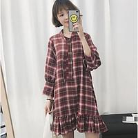 womens casualdaily loose dress check v neck above knee long sleeve pol ...