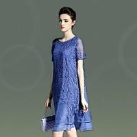 Women\'s Going out Casual/Daily Lace Dress, Solid Round Neck Above Knee Short Sleeve Silk Cotton Rayon Summer Mid Rise Micro-elastic Thin