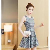 Women\'s Casual/Daily Skater Dress, Print Round Neck Above Knee Sleeveless Polyester Summer High Rise Inelastic Thin