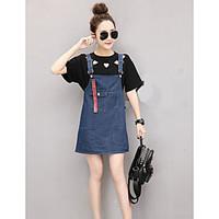 Women\'s Casual/Daily Simple Denim Dress, Solid Strap Above Knee Sleeveless Polyester Summer Mid Rise Micro-elastic Thin