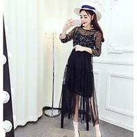 womens casualdaily skater dress print round neck maxi sleeve polyester ...