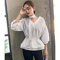 Women\'s Going out Casual/Daily Sexy Simple Spring Summer Shirt, Solid Patchwork V Neck ½ Length Sleeve Cotton Thin