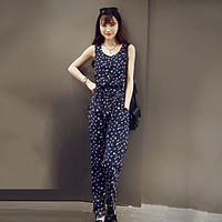 womens print blue jumpsuits casual day round neck sleeveless