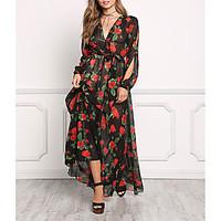 Women\'s Going out Loose Dress, Floral V Neck Maxi Long Sleeve Polyester Summer Mid Rise Micro-elastic Medium
