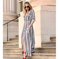 Women\'s Casual/Daily Loose Dress, Striped V Neck Midi Long Sleeve Cotton Fall High Rise Micro-elastic Medium