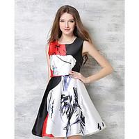Women\'s Casual/Daily Swing Dress, Print Strap Midi Sleeveless Cotton Summer High Rise Micro-elastic Medium