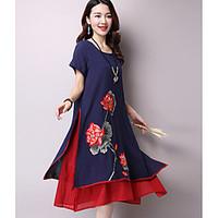 womens going out loose dress embroidered round neck knee length short  ...