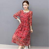 Women\'s Going out Vintage A Line Dress, Floral Round Neck Knee-length Long Sleeve Polyester Spring Mid Rise Inelastic Medium