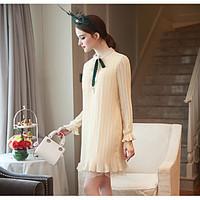 womens going out chiffon dress solid stand knee length long sleeve cot ...