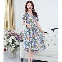 Women\'s Going out Beach Swing Dress, Floral Round Neck Midi Short Sleeve Polyester Spring Summer Mid Rise Micro-elastic Medium
