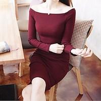 womens going out bodycon dress solid boat neck midi long sleeve cotton ...