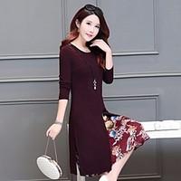 Women\'s Going out A Line Dress, Solid Floral Round Neck Knee-length Long Sleeve Polyester Spring Mid Rise Micro-elastic Medium
