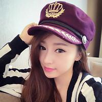 Women Casual Crown Printing Olive Branch Wheat Embroidery Wool Beret Navy Duck Tongue Flat Top Hat