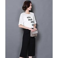 Women\'s Going out Casual/Daily Sports Vintage Cute Street chic T-shirt Pant Suits, Solid Letter Round Neck Half Sleeve
