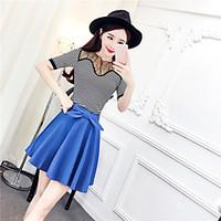 Women\'s Casual/Daily Party/Cocktail Sexy Cute T-shirt Skirt Suits, Striped Round Neck Half Sleeve Lace Micro-elastic