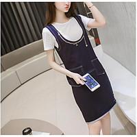 Women\'s Casual/Daily Street chic T-shirt Dress Suits, Solid Round Neck Short Sleeve Micro-elastic