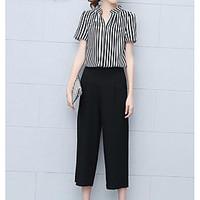 Women\'s Casual/Daily Simple Shirt Pant Suits, Striped Shirt Collar Short Sleeve Micro-elastic