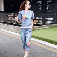 Women\'s Casual/Daily Simple T-shirt Pant Suits, Rainbow Round Neck Short Sleeve Denim Micro-elastic