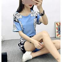 Women\'s Going out Casual/Daily Simple Shirt Pant Suits, Floral Print Round Neck Short Sleeve Micro-elastic