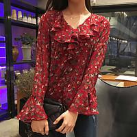 Women\'s RuffleFlare Sleeve Casual/Daily Simple Blouse, Print Asymmetrical Long Sleeve Red Black Acrylic Medium