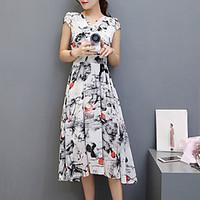 Women\'s Going out Chinoiserie Chiffon Swing Dress, Print V Neck Midi Short Sleeve Polyester Summer Mid Rise Inelastic Thin