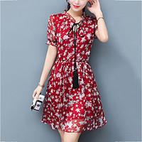 Women\'s Slim Elegant chic A Line Dress Print Stand Mini Short Sleeve Summer Mid Rise Inelastic Medium