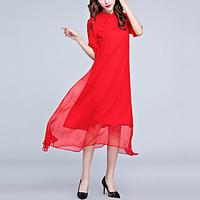 Women\'s Going out Party Street chic Ethnic Print Loose Swing Dress Solid Stand Midi Short Sleeve Silk Red Summer Mid Rise