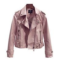 Women\'s Casual/Daily Vintage Fall Leather Jacket, Solid Round Neck Long Sleeve Short Polyester