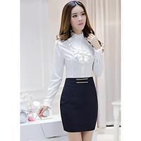 Women\'s Work Simple Shirt Skirt Suits, Solid Shirt Collar Long Sleeve Micro-elastic