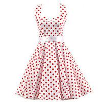 Women\'s White Red Mini Polka Dot Dress , Vintage Halter 50s Rockabilly Swing Dress