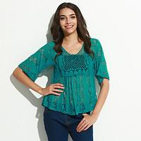 Women\'s Lace Casual/Daily Simple Summer Blouse, Solid Round Neck ½ Length Sleeve Blue/Pink/Red/Beige/Green Medium