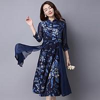 womens holiday swing dress solid v neck midi long sleeve polyester sum ...