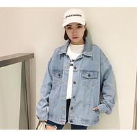 womens casualdaily simple fall denim jacket solid round neck long slee ...