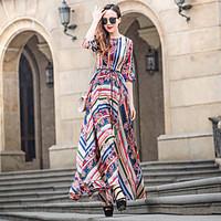 Women\'s Casual/Daily Loose Dress, Striped Round Neck Maxi ½ Length Sleeve Polyester Summer High Rise Micro-elastic Medium