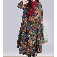 Women\'s Going out A Line Dress, Floral Round Neck Maxi Long Sleeve Cotton Spring Summer Mid Rise Micro-elastic Medium