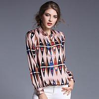 womens work simple blouse print crew neck long sleeve polyester