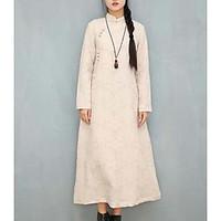 Women\'s Going out A Line Dress, Solid Stand Maxi Long Sleeve Linen Spring Summer Mid Rise Micro-elastic Thin