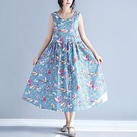 Women\'s Casual/Daily Chinoiserie Swing Dress, Print Round Neck Midi Sleeveless Cotton Linen Blue Summer Mid Rise Micro-elastic