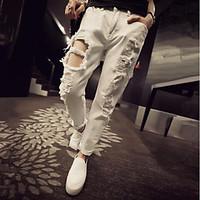 womens cut out straight jeans pants casualdaily simple solid ripped hi ...