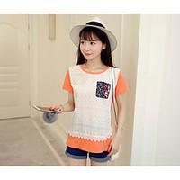 womens casualdaily cute t shirt solid color block round neck short sle ...