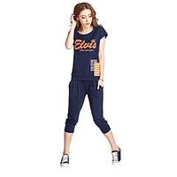 Women\'s Casual/Daily Sports Simple Active T-shirt Pant Suits, Letter Round Neck Short Sleeve strenchy