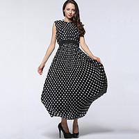 Women\'s Plus Size Casual/Daily Simple Chiffon Swing Dress, Polka Dot Round Neck Maxi Sleeveless Polyester Black Spring Summer High Rise