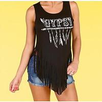 Women\'s Casual/Daily Simple T-shirt, Print Letter U Neck Sleeveless Cotton Bamboo Fiber