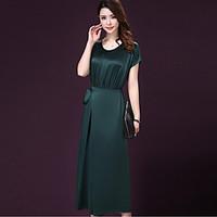 womens plus size vintage swing dress solid round neck maxi short sleev ...