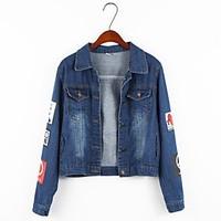 Women\'s Going out Casual/Daily Simple Street chic Summer Denim Jacket, Solid Shirt Collar Long Sleeve Regular Cotton