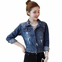 Women\'s Going out Simple Spring Denim Jacket, Solid Shawl Lapel Long Sleeve Short Others