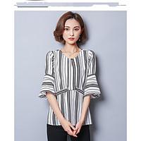 Women\'s Casual/Daily Simple Summer Blouse, Striped Round Neck ½ Length Sleeve Rayon Thin